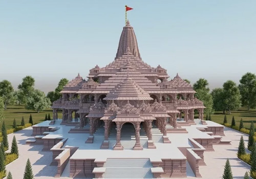 Exterior view of Ram Mandir Ayodhya, photographed on April 9, 2025, displaying its grand architecture with a towering spire. The temple, opened on January 22, 2024, is a key spiritual site where devotees seek darshan and contribute through online donations.